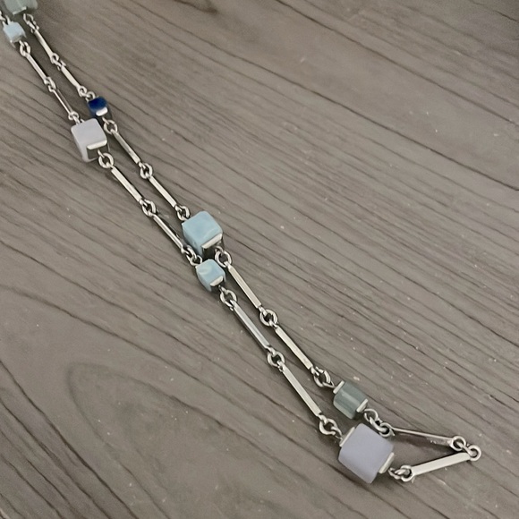 Station Necklace Silver Tone w/Square Stones 32” - Picture 3 of 4